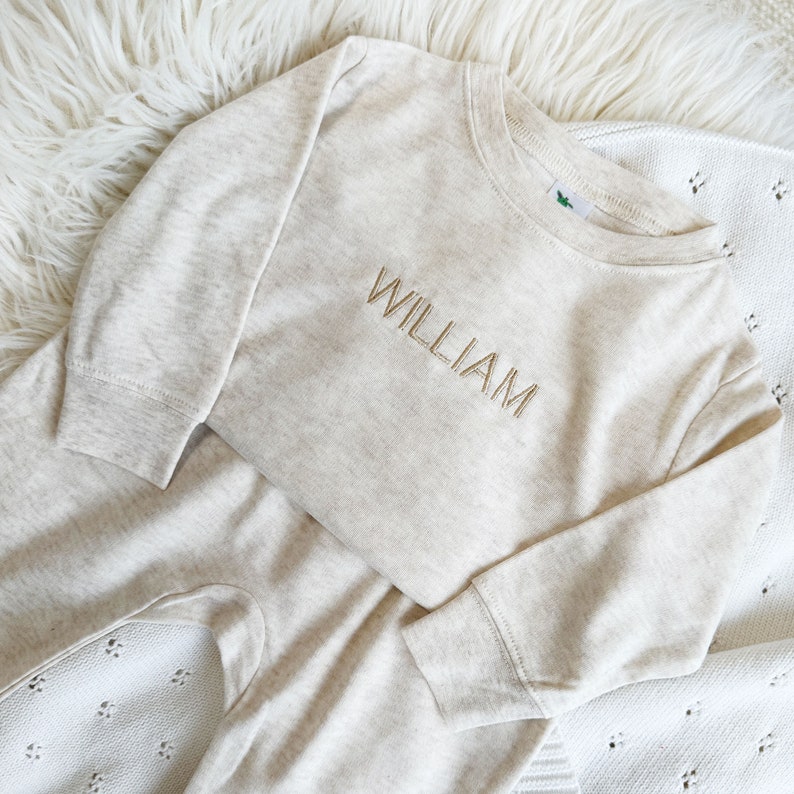Custom Leighton Jogger Set for Babies with Minimalist Embroidery 2 Piece Lightweight Set Neutral Baby Gift Long Sleeve Name on Chest image 5