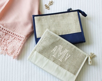 Monogrammed Linen Cosmetic Pouch | Personalized Zippered Pouch | Four Colors Available | Small Size