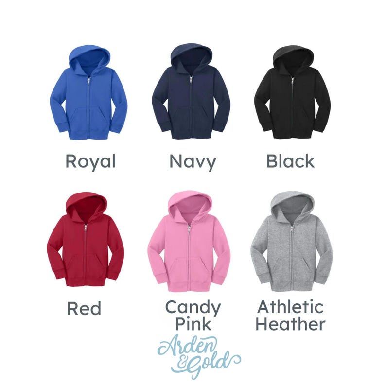jacket color options: royal, navy, black, red, candy pink, and Athletic Heather