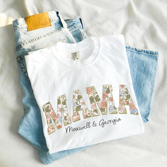 Personalized Multi-Floral Print MAMA T-Shirt | Comfort Colors T-Shirt | MAMA Top with Kids Names | DTG Printed T-Shirt | Gift for Mom