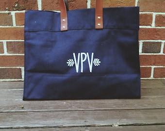 Leather Handle Canvas Tote | Monogrammed | Personalized