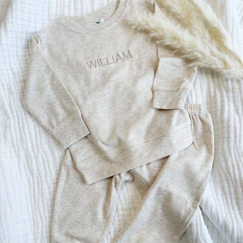 Custom Leighton Jogger Set for Babies with Minimalist Embroidery 2 Piece Lightweight Set Neutral Baby Gift Long Sleeve Name on Chest image 3