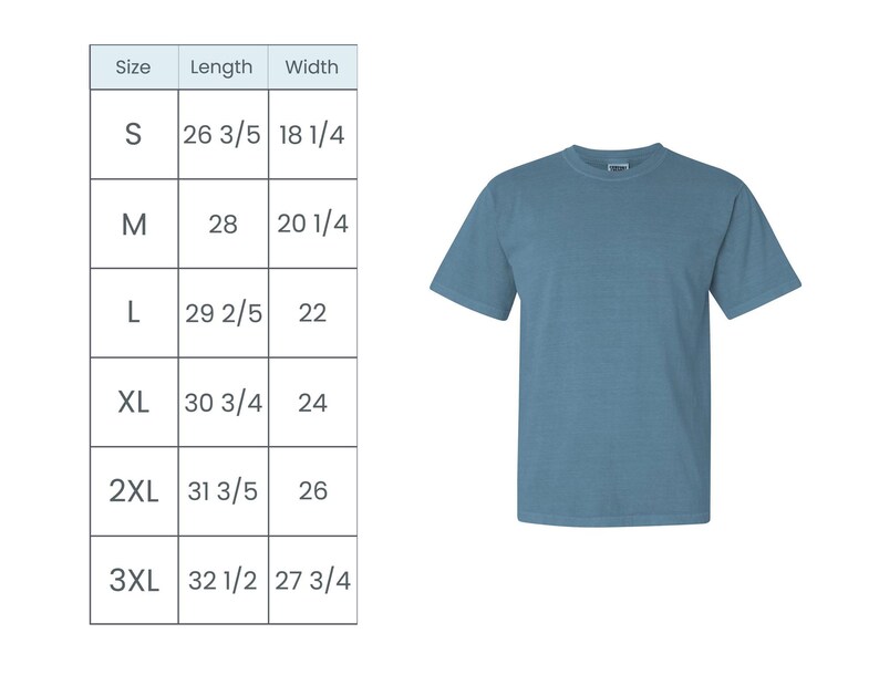 comfort colors t-shirt size guide