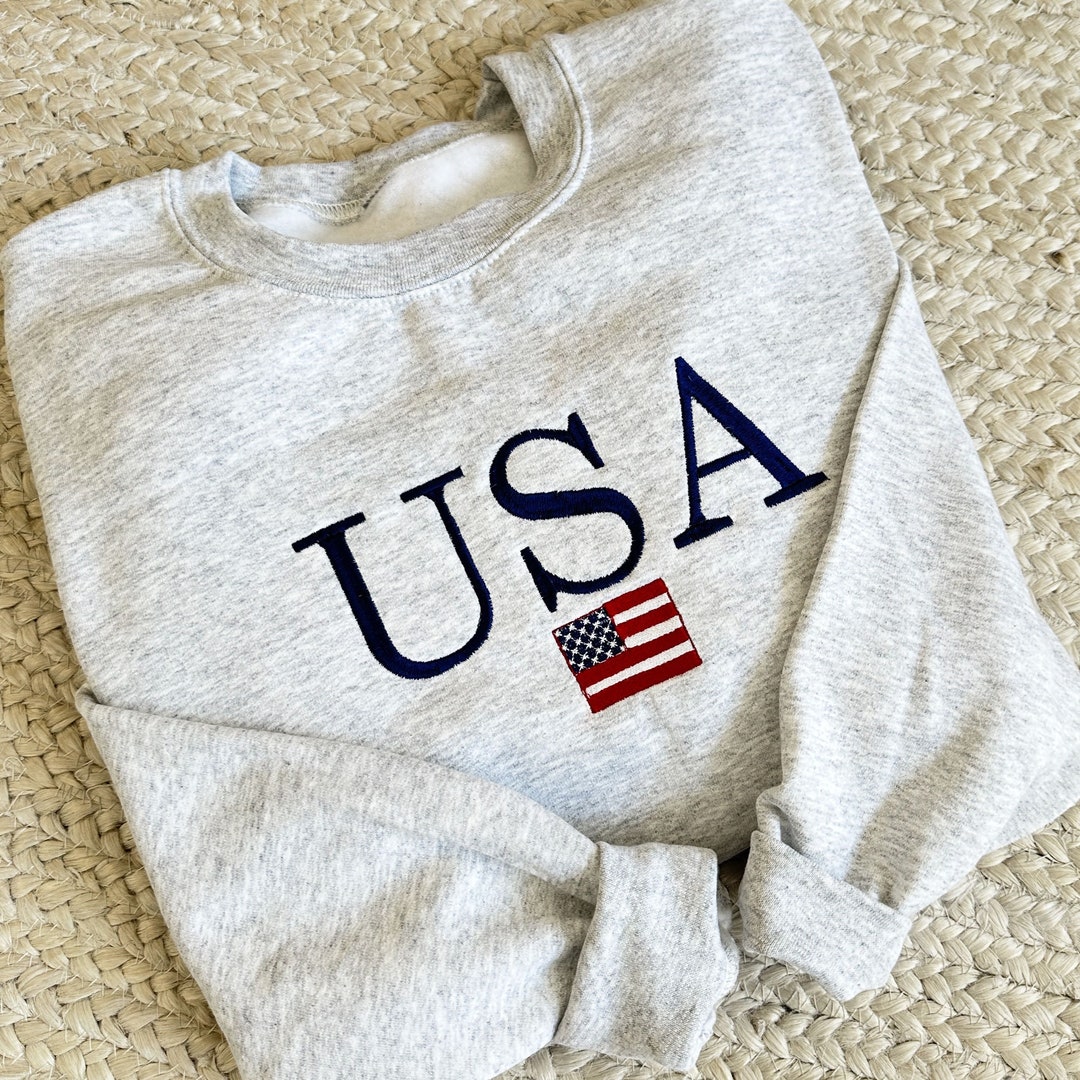 USA Embroidered Varsity Crewneck Sweatshirt, Cute Sweatshirt Summer 4th ...