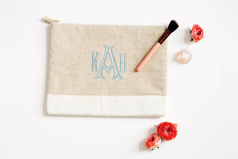 Monogrammed Linen Cosmetic Pouch With Zip Closure and A Wide Range Of Colors