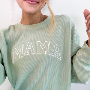 Waffle Knit Mama Crewneck Sweatshirt Embroidered Mama Sweatshirt Family Crewneck Sweatshirt Pregnancy Announcement Gift for Family image 7