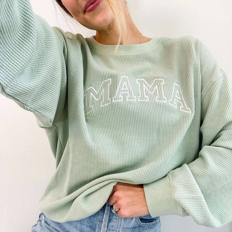 Waffle Knit Mama Crewneck Sweatshirt Embroidered Mama Sweatshirt Family Crewneck Sweatshirt Pregnancy Announcement Gift for Family image 1