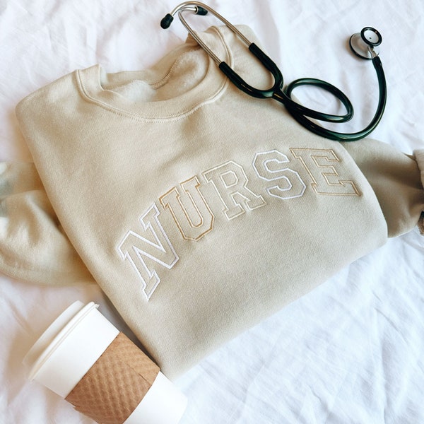 Neutral Embroidered NURSE Athletic Block Gemma Sweatshirt | Nurse Pullover Sweatshirt | Gift for Grad | New Nurse Gift | Nurse T-Shirt