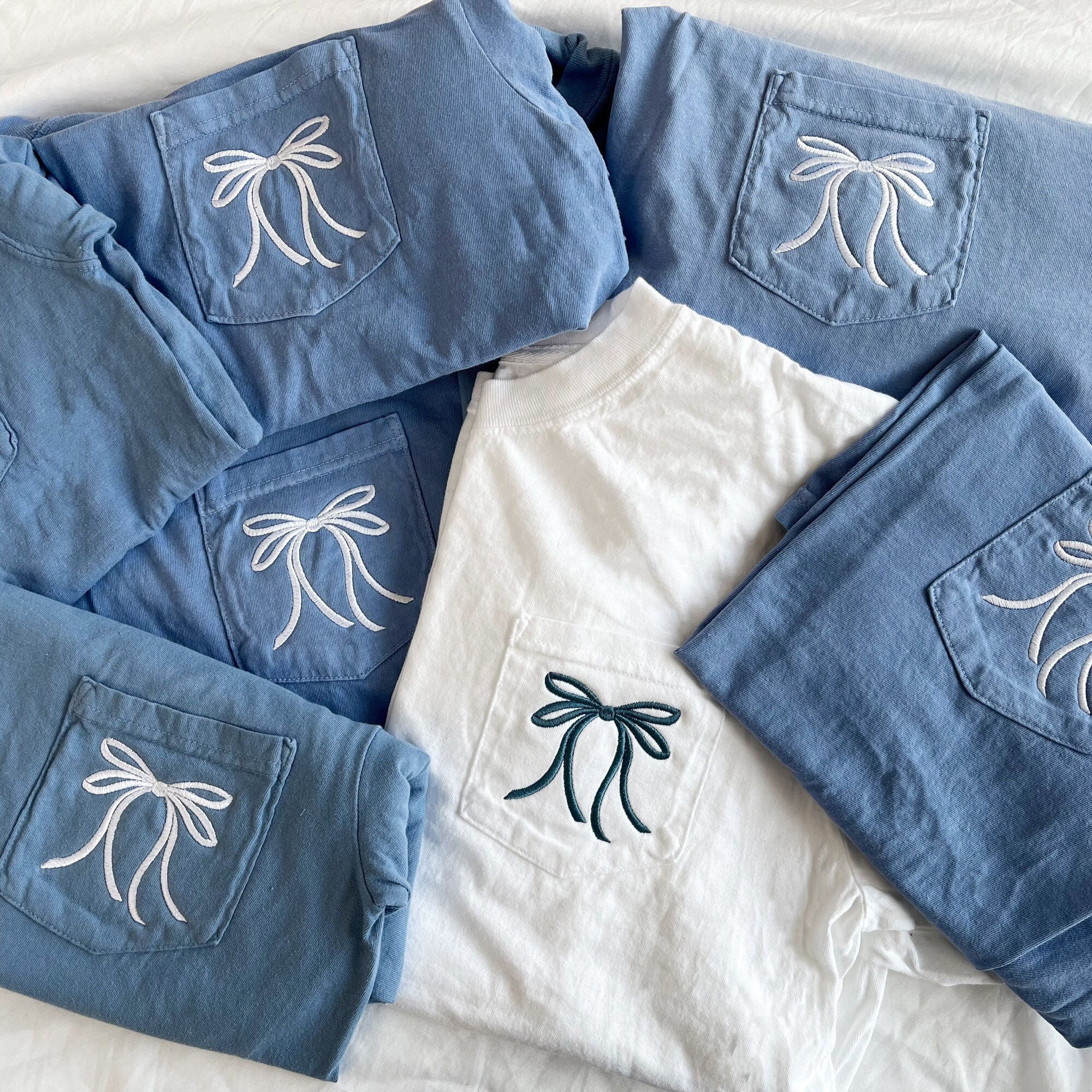 Bridal Party Ribbon Bow Embroidered Comfort Colors Pocket Tee | Trendy Bow | Gift for Bride | Bridal Party Tops | Bridesmaids Gift | CC30EB1