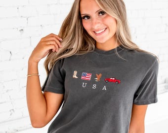 Embroidered USA Icons Comfort Colors Cropped Tee | Cute Patriotic T-Shirt | Gift for Her | Americana, Cowboy, Country, Western | 4th of July