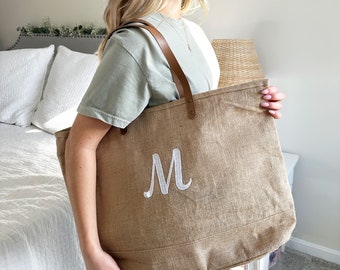 Burlap Jute Embroidered Initial Zippered Tote | Bridesmaid Gift | Mother's Day | Initial Lined Beach Tote | Gift Under 30