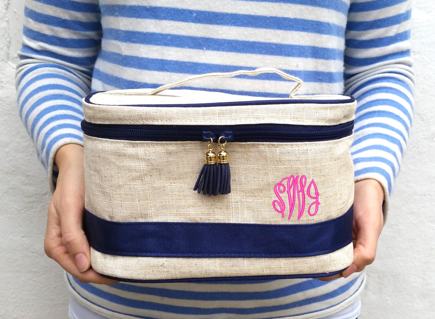 Monogrammed Linen Train Case Travel Case Toiletry Bag Etsy