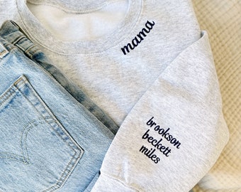 Embroidered Mama Sweatshirt with Kids Names on Sleeve | Mothers Day Gift | Birthday Gift for Mom | New Mom | Personalized Mama Sweatshirt