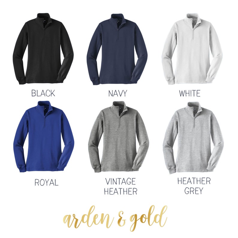 May include: Six different color options for a long-sleeved, mock neck, zippered pullover shirt. The colors are black, navy, white, royal blue, vintage heather grey, and heather grey.
