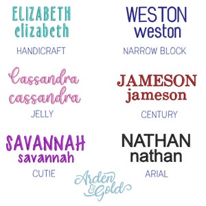 Może przedstawiać: Na białym tle wyświetlane są r&oacute;żne imiona w r&oacute;żnych czcionkach i kolorach. Imiona takie jak Elizabeth, Cassandra, Savannah, Weston, Jameson i Nathan są wyświetlane. Każde imię jest pokazane dwukrotnie, drugi raz mniejszą czcionką. Style czcionek są r&oacute;wnież oznaczone.