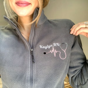 Monogrammed Nurse Full Zippered Midweight Fleece Nurse Fleece Jacket Personalized Ladies Nurse/Doctor Heart Stethoscope Heartbeat image 2