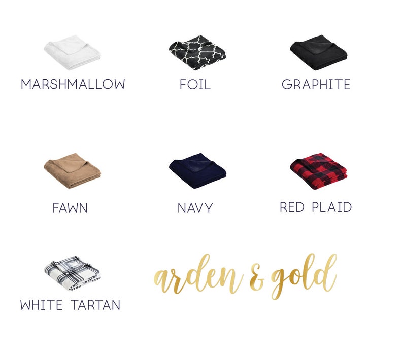 May include: A selection of throw blankets in various colors and patterns, including marshmallow, foil, graphite, fawn, navy, red plaid, and white tartan. The text "arden & gold" is written in gold script.