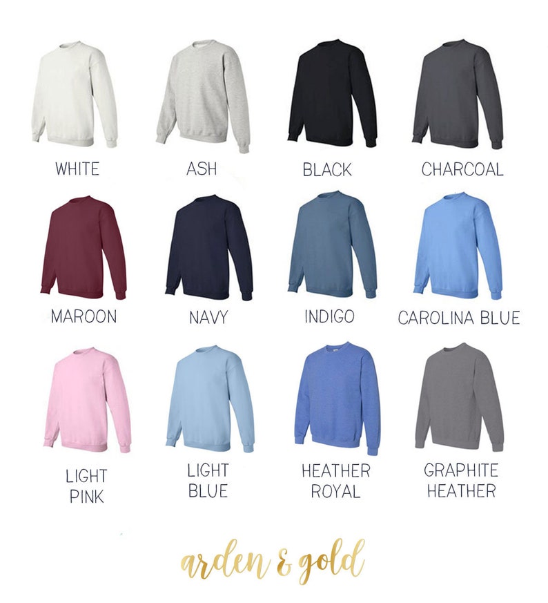 Op de afbeelding: Een grafiek met 12 verschillende kleur opties voor een sweatshirt. De kleuren zijn: wit, as, zwart, antraciet, bordeaux, marine, indigo, Carolina blauw, licht roze, licht blauw, heather royal en graphite heather.