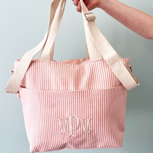 custom embroidered striped cooler with shoulder and crossbody strap