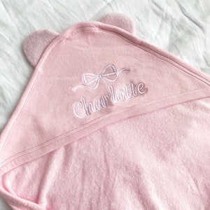 Cute Personalized Bow Monogram or Name Hooded Baby Towel Baby Towel With Ears Monogram Full Name Cute Bow Towel For Toddler image 3