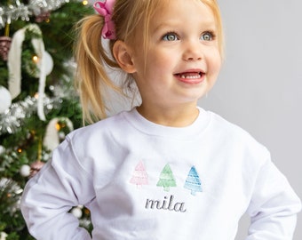 Personalized Youth Pastel Trees Embroidered Crewneck Sweatshirt | Christmas Kids Sweater | Embroidered Toddler Top | Festive Holiday Apparel