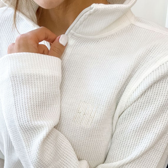 Waffle Knit Quarter Zip Pullover Embroidered Waffle Knit Pullover