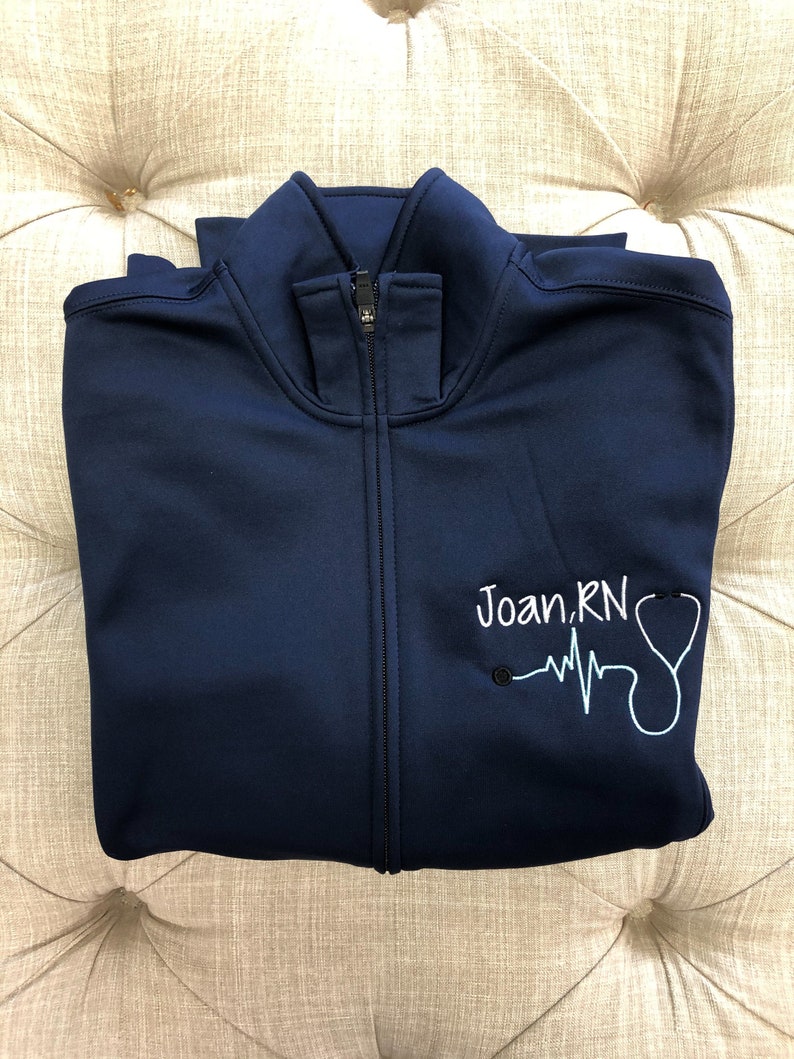 Monogrammed Nurse Full Zippered Jacket Sweatshirt Personalized Nurse Polyester Jacket Personalized Ladies Nurse/Doctor Heart Stethoscope image 4