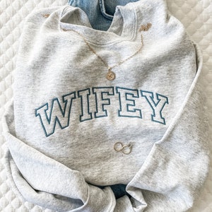 Wifey Personalized Crewneck Sweatshirt | MRS Personalized Crew Neck Pullover | Athletic Block WIFEY | New Bride Sweatshirt | Gift For Wife