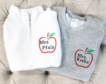Sudadera personalizada para profesores con cremallera hasta el cuello / Sudadera con bordado de manzana