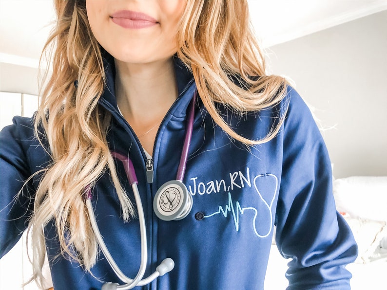 Monogrammed Nurse Full Zippered Jacket Sweatshirt | Personalized Nurse Polyester Jacket | Personalized Ladies Nurse/Doctor Heart Stethoscope 