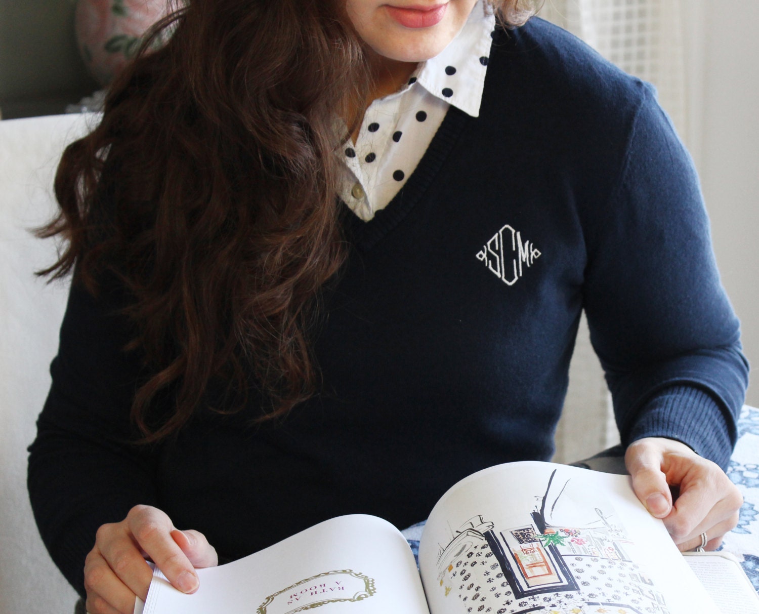 Knit V-Neck Monogram Sweater