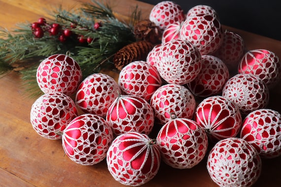 Vintage Crochet Covered Christmas Ornaments, Crochet Covered Red Satin Balls, Vintage Christmas ~ 18 Available