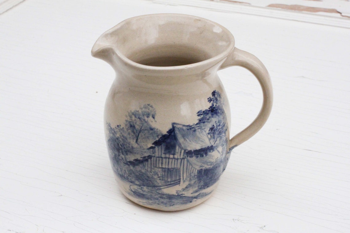 Vintage Marshall Texas Pottery Pitcher Blue and White Etsy