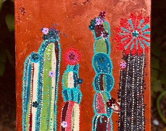 Copper Cacti Garden. Whimsical. Bright. Metal flowers. Glitter. Sparkles. Jewels. Happy Cacti. Rich warm feel. Glitter on you crazy cacti.