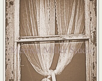 The bedroom Window 8x10 print. Weathered rustic, Blues and greens or sepia tone. white, rust, blue, green, brown, gray, lace, ribbon