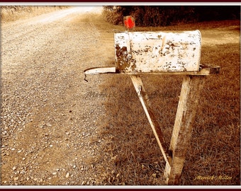 Mailbox 11x14 Original Photography Print Dirt Road Gravel Driveway Country Road Antique Old Fashioned Fine Wall Art Home Decor Sepia Red