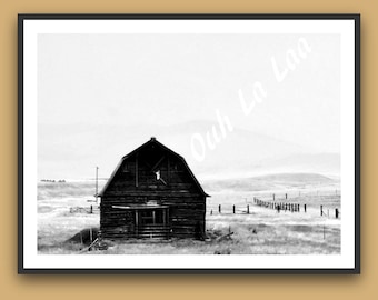 Montana Barn  Highway life Smoke fire black white hayfield fences art wall decor wild west distant mountain gift western photo outdoor