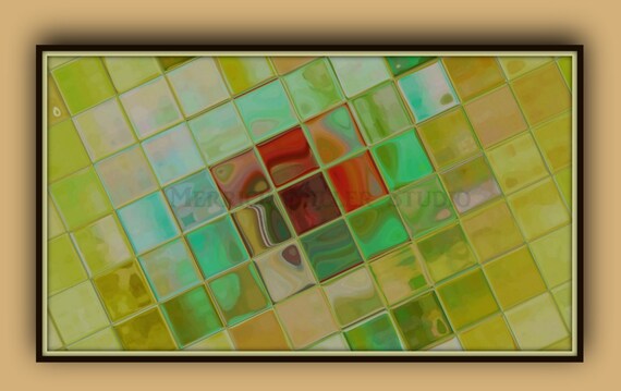 yellow brown purple modern fine wall decor fine art glass replica shiny hanging Abstract Tile Art-004 11x17 multi shades of greens