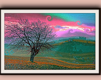 The Hopeful Tree 11x16 print Whimsical Beautiful Rich Pink Green Blue Orange White Sky Tree Grass Hills Country Meadow wall art decor