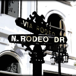 May include: Black and white street sign with gold lettering that reads "Via Rodeo" and "N. Rodeo Dr."