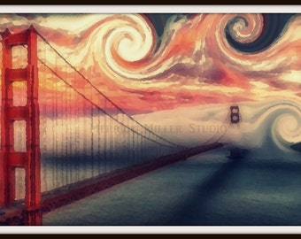 Titled- Crossing Over  11x16 Original Modern Art Wall Decor   Golden Gate Bridge Clouds Wind Ocean California