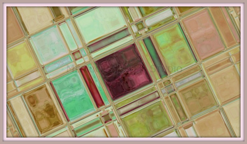 yellow brown purple modern fine wall decor fine art glass replica shiny hanging Abstract Tile Art-004 11x17 multi shades of greens