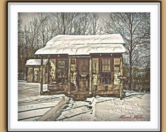 Nineteenth Century Country Store Print 5x7 8x10 Winter Scene Vintage brown yellow white snow old fashioned trees general store antiques
