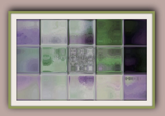 yellow brown purple modern fine wall decor fine art glass replica shiny hanging Abstract Tile Art-004 11x17 multi shades of greens