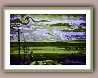 Parked 11x16 print  Whimsical view from top of the highway poles hayfield swirly clouds purple green original wall art decor