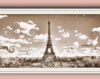 Eiffel Tower  11x17 print sepia tone Eiffel Tower whispy clouds Whimsical Original European Paris France Vacation Travel wall decor