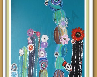 Cacti Love  24x30 Print of Acrylic on Canvas Purple Teal White Black Brown Orange Pink Blue Garden Cactus Vibrant Gift Desert Southwest