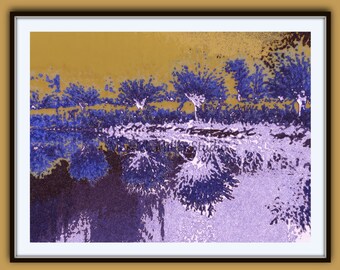 Possibilities   8.5 x11   print Abstract Mixed Media Trees reflection pond gold sky purple blue white fine art reproduction of original