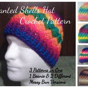 Hat Crochet Pattern PDF - Slanted Shells Hat Crochet Pattern (Also Includes 2 Messy Bun Versions)
