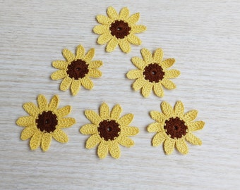 Crochet Spring Flowers Applique Ornaments, Crochet Sunflowers Embellishment Set of 6, Handcrafted Supplies